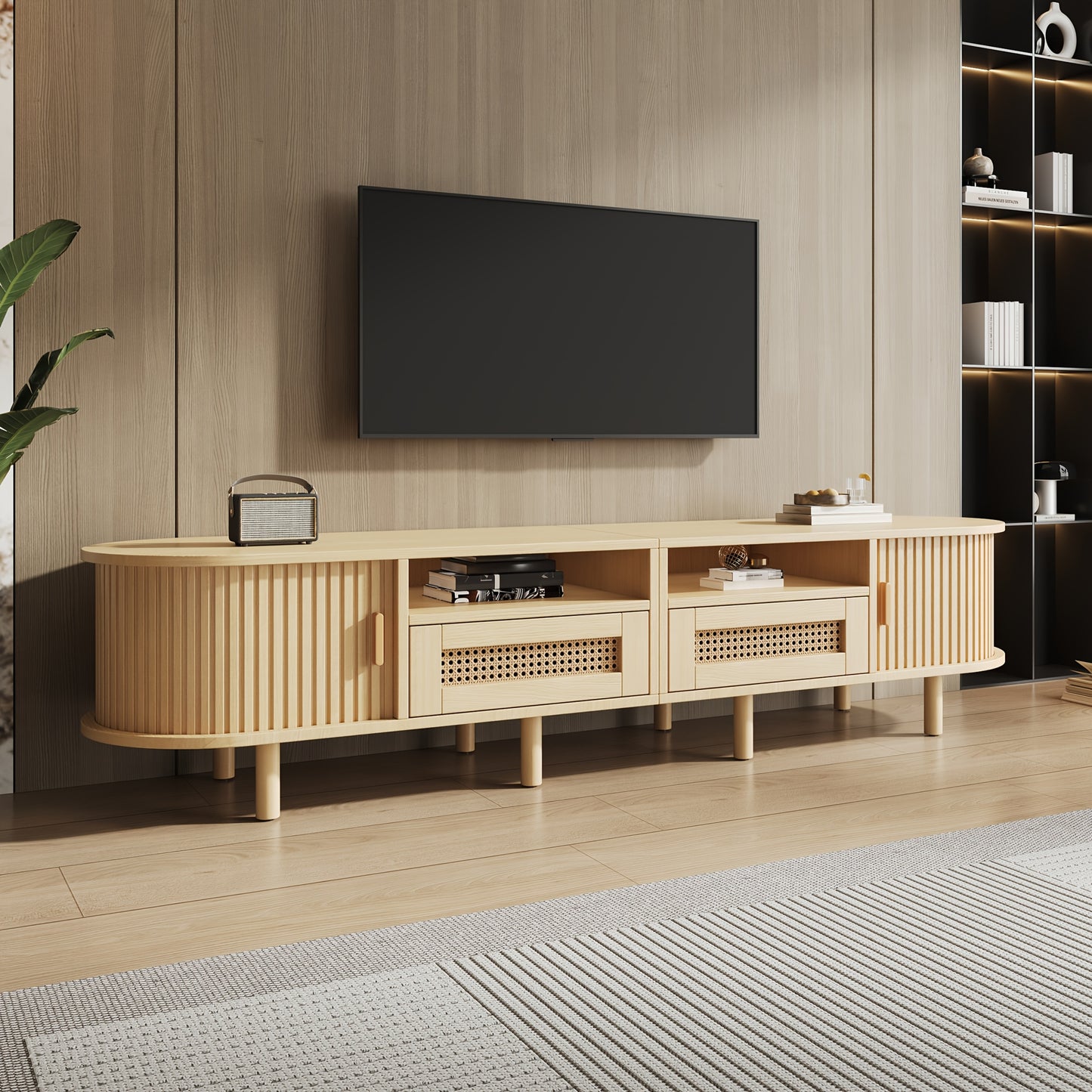 Tv-Meubel – Tv-Kast – Tv-Tafel – Dressoir – Media-Kast – Ovaal Design – 170x40x40 cm – 2 Rieten Lades & 2 Schuifdeuren – Geschikt Voor Tv Tot 70 Inch – Lichtgewicht Houtkleur