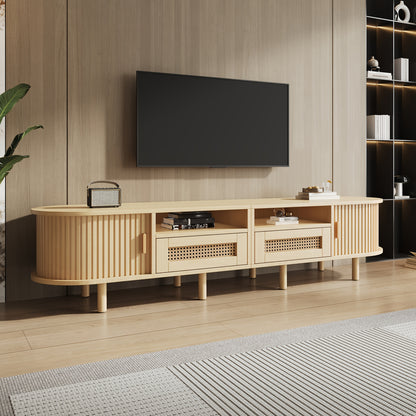 Tv-Meubel – Tv-Kast – Tv-Tafel – Dressoir – Media-Kast – Ovaal Design – 170x40x40 cm – 2 Rieten Lades & 2 Schuifdeuren – Geschikt Voor Tv Tot 70 Inch – Lichtgewicht Houtkleur