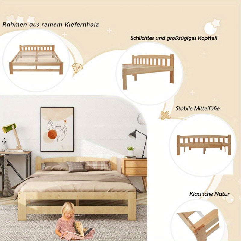 Houten Tweepersoonsbed – Bedframe – Slaapbank – Ledikant – Bedombouw – 140x200 cm – Modern Minimalistisch Design – Hoogwaardige Natuurlijke Houtafwerking