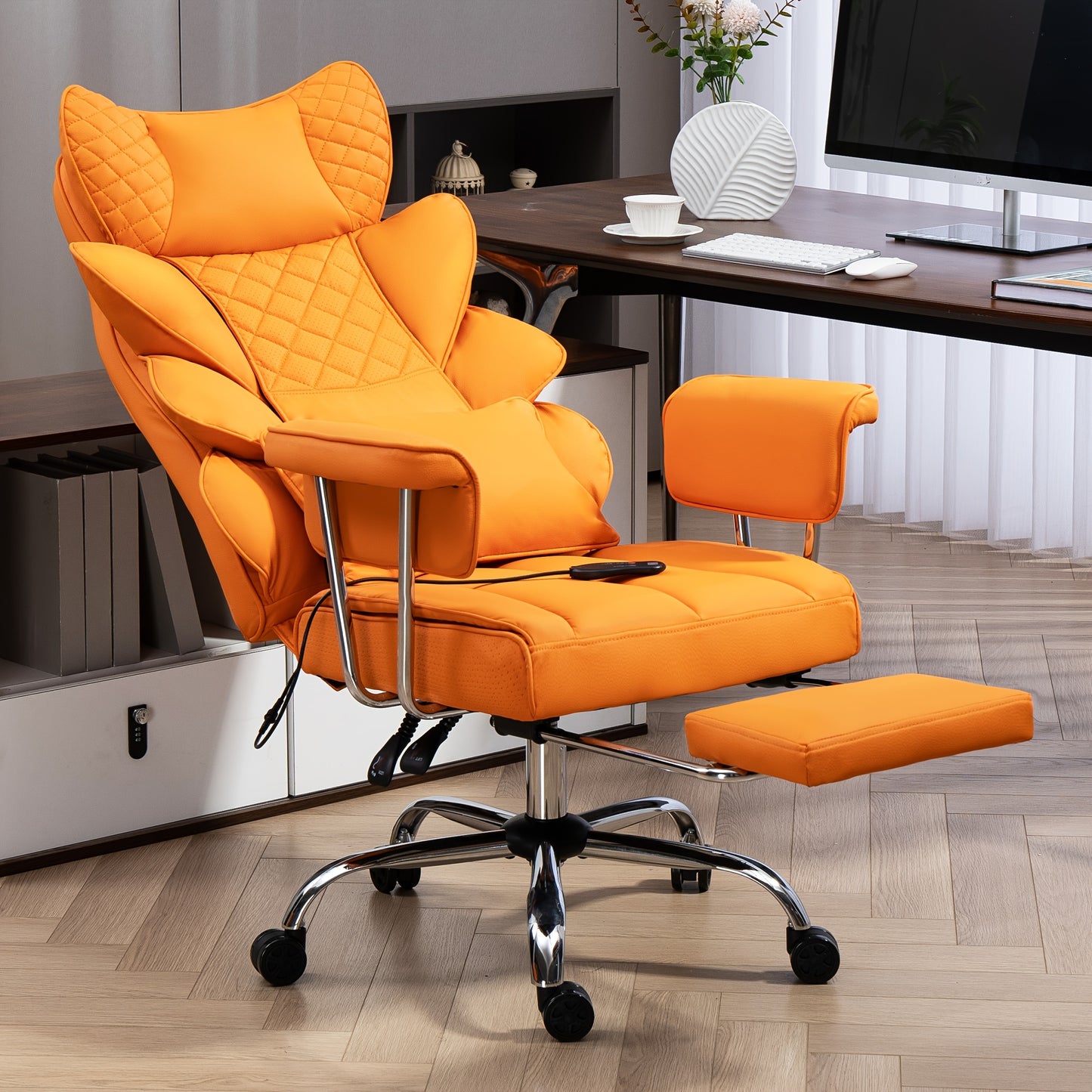 Bureaustoel Ergonomische Stoel Bureaustoel XL Bureaustoel Groot Bureaustoel Zwaar – Oranje – Draagvermogen 227 kg – PU Leer Met Lendensteun & Verstelbare Hoogte
