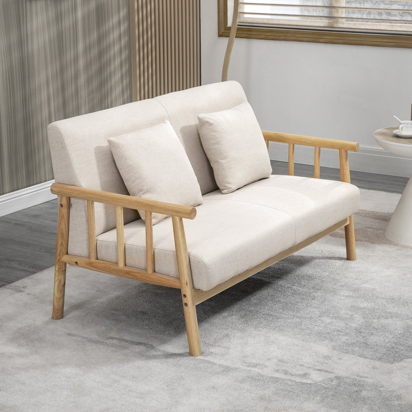 Tweezitsbankje – Bankje – Sofa – Zitbank – Tweezitsbank – Beige – Compact Formaat – Stevig Houten Frame