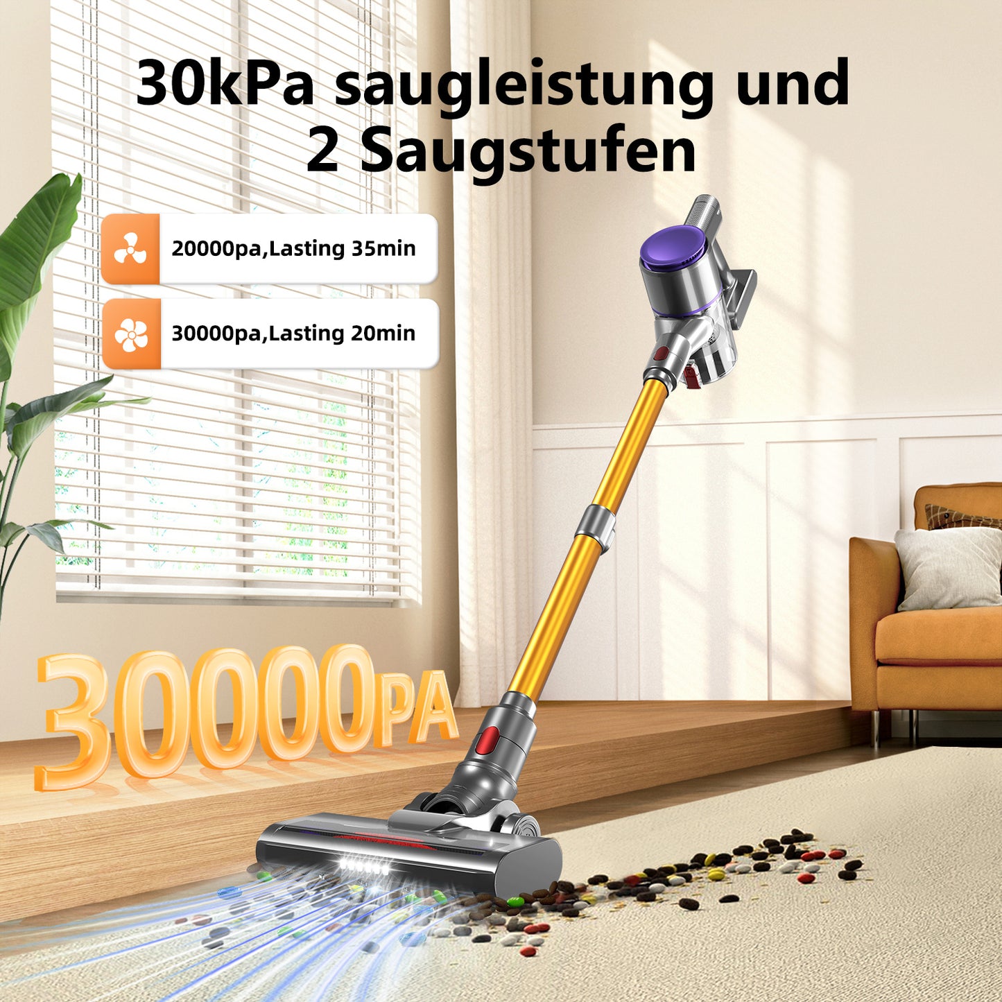 Aiidoits Cordless Vacuum Cleaner – 30000Pa, 300W, 35-Min Runtime, 6×2200mAh Battery, 1.4L Dustbin, Super Quiet, Anti-Tangle Brush – High-Capacity Cordless Vacuum with Long Battery Life, Flexible Cleaning for Hard Floors,