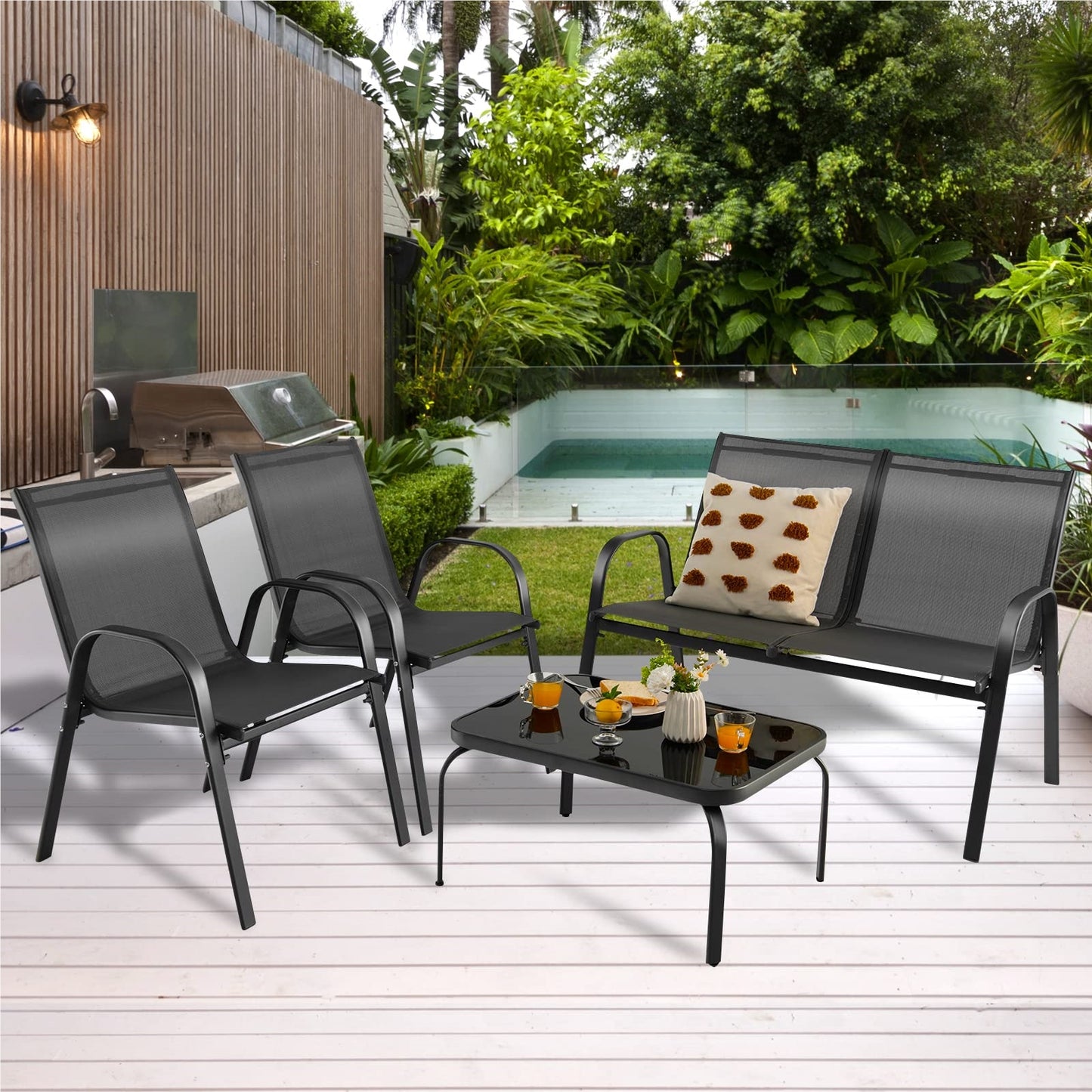 4-Persoons Tuinset – Balkonmeubilair – Patio Set – Zithoek Voor Buiten – Tuinmeubelset – Inklapbaar En Weerbestendig – Lichtgewicht Met Metaal Frame