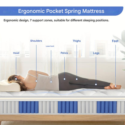 Matras – Pocketveringmatras – Binnenveringsmatras – Tweepersoonsmatras – Eenpersoonsmatras – 7-Zone Pocketvering – Memory Foam Toplaag – Hypoallergeen – Medium Stevig – 90x190 cm