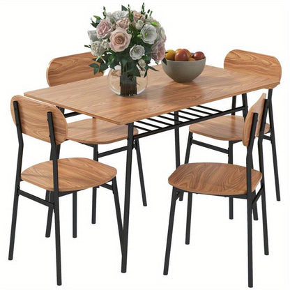 Eettafelset – Eettafel – Eetkamerset – Keukentafel – Tafelgroep – Lichtbruin Houten Tafelblad – Zwart Metalen Frame met Opbergrek