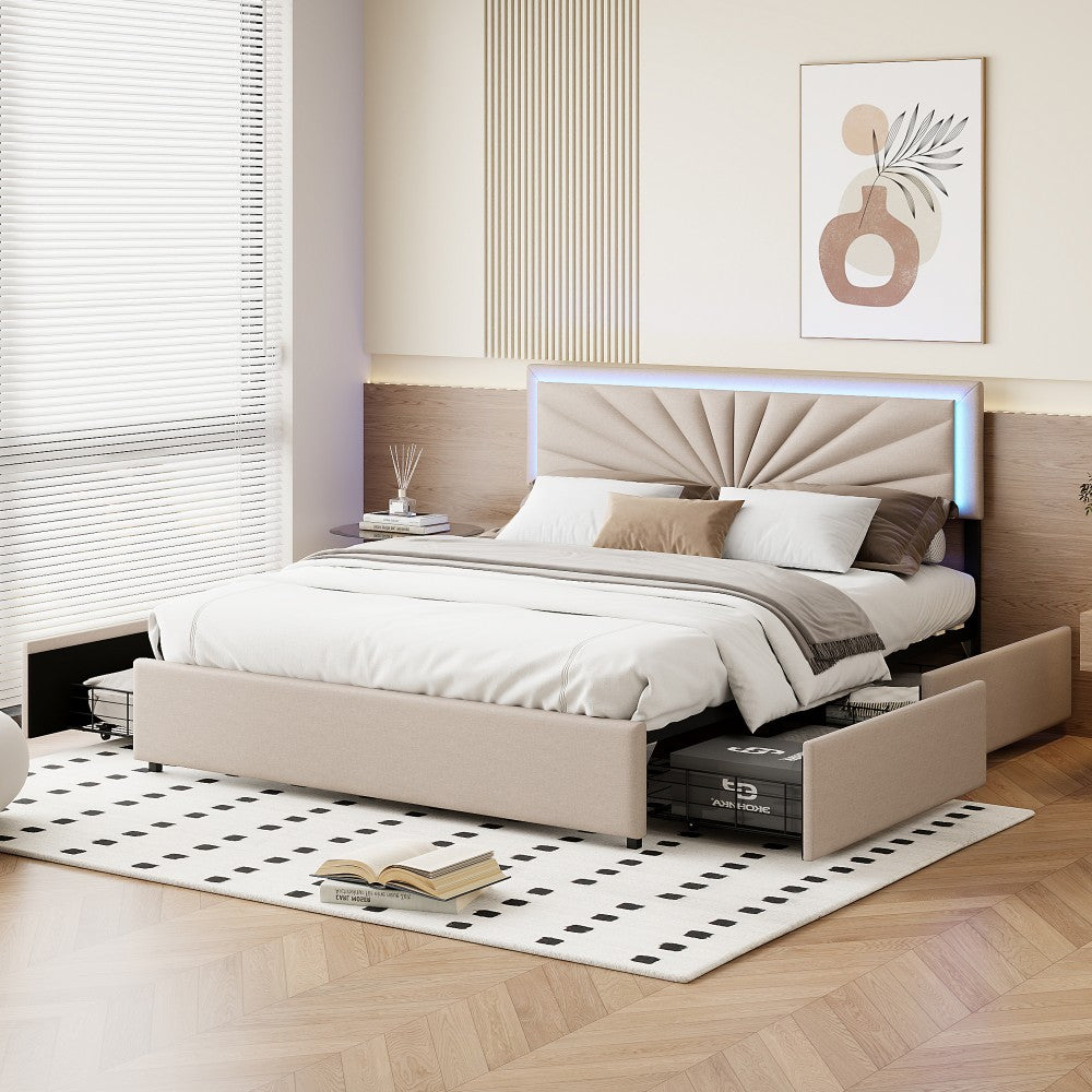 Tweepersoonsbed – Bed met Opberglades – Gestoffeerd Bed – LED Verlichting Bed – 160x200 cm – Beige – 4 Ruime Lades – Robuust Metalen Frame