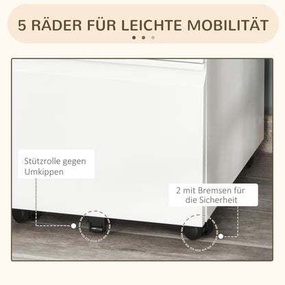 Rollcontainer – Bureaukast – Ladeblok – Kantoorcontainer – Archiefkast – Met 3 Lades – Wit Staal – Lockable – Met Wieltjes – 39x48x60 cm