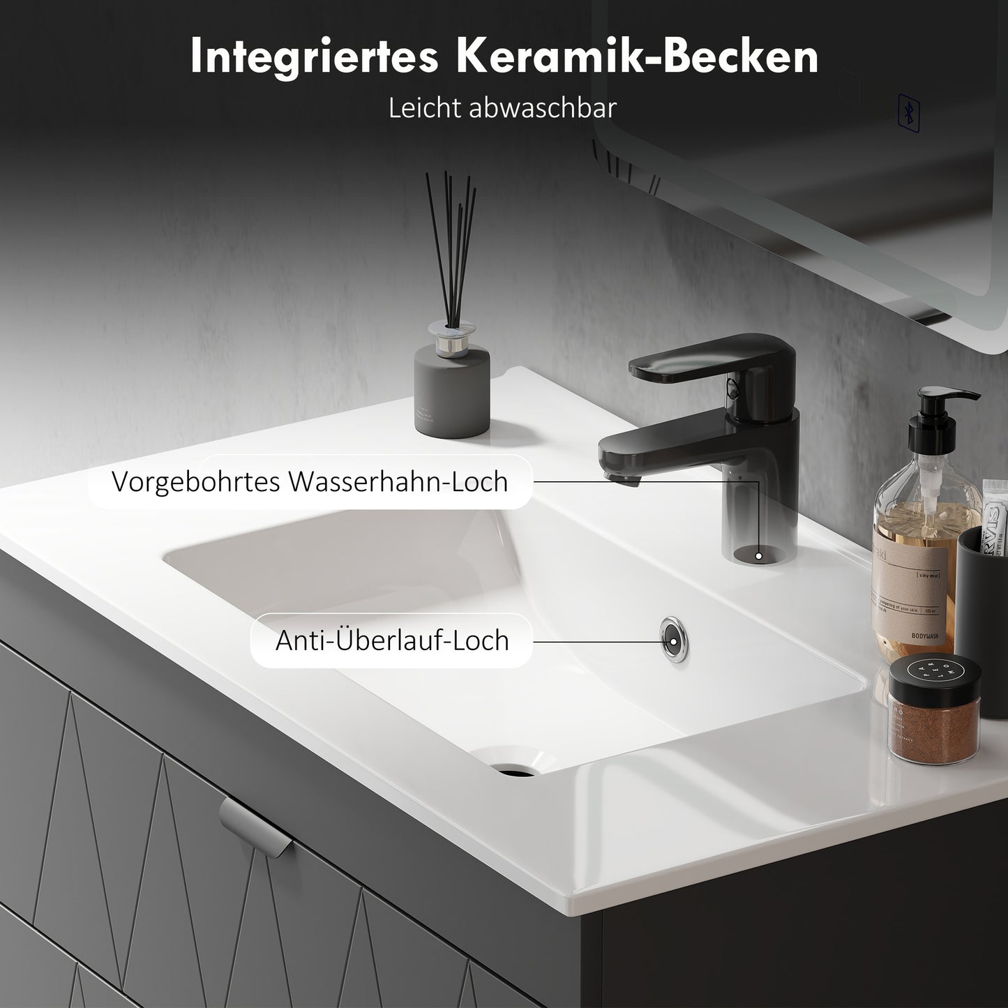 Badkamerkast Wandmeubel – Wastafelmeubel – Badkamermeubel – Opbergkast – Met Keramische Waskom – Zwart Mat – Soft-Close Lades – Ruimtebesparend Design – 76x46x50 cm