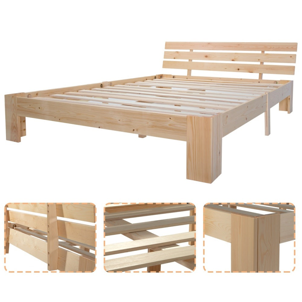 Massief Houten Tweepersoonsbed – Houten Bed – Slaapbank – Bedframe – Slaapmeubel – Massief Dennenhout – Inclusief Hoofdbord en Lattenbodem – 200x140 cm – Duurzaam & Eenvoudig Te Monteren