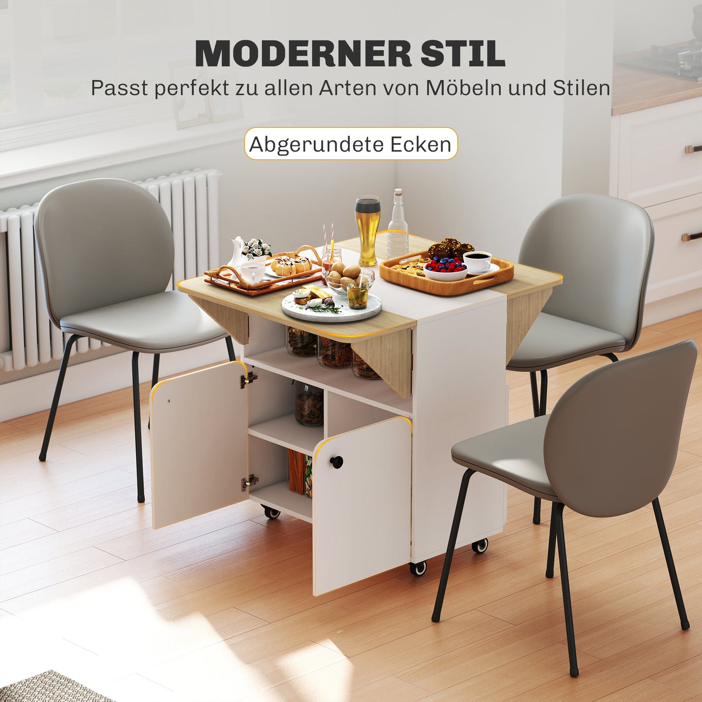 Opklaptafel – Klaptafel – Vouwtafel – Campingtafel – Tuintafel – Inklapbaar met Opbergruimte – 4 Zwenkwielen Wit/Natuurlijk Hout 70x83x75 cm