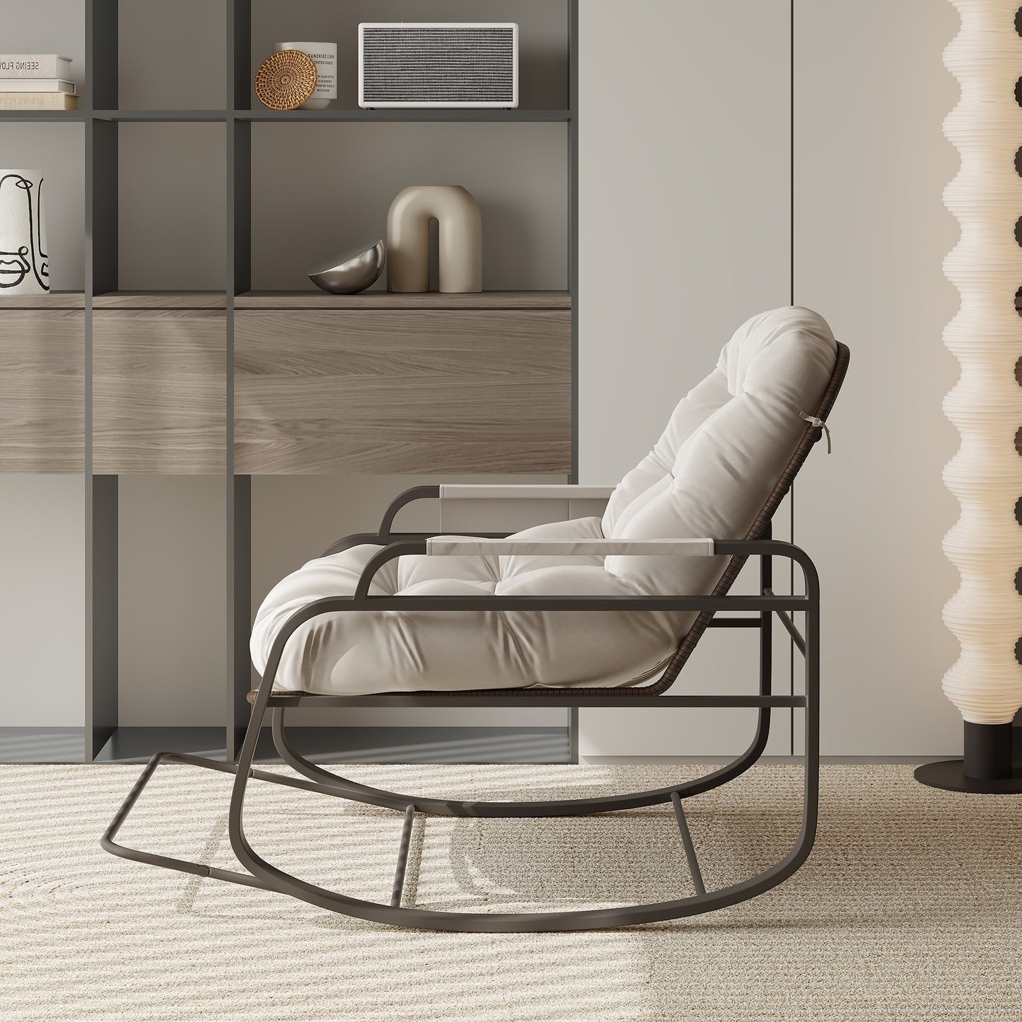 Schommelstoel – Relaxstoel – Verzorgingsstoel – Rieten Schommelstoel – Loungestoel – Beige Kleur – Ergonomisch Ontwerp – 89,5 x 94,5 x 93,5 cm
