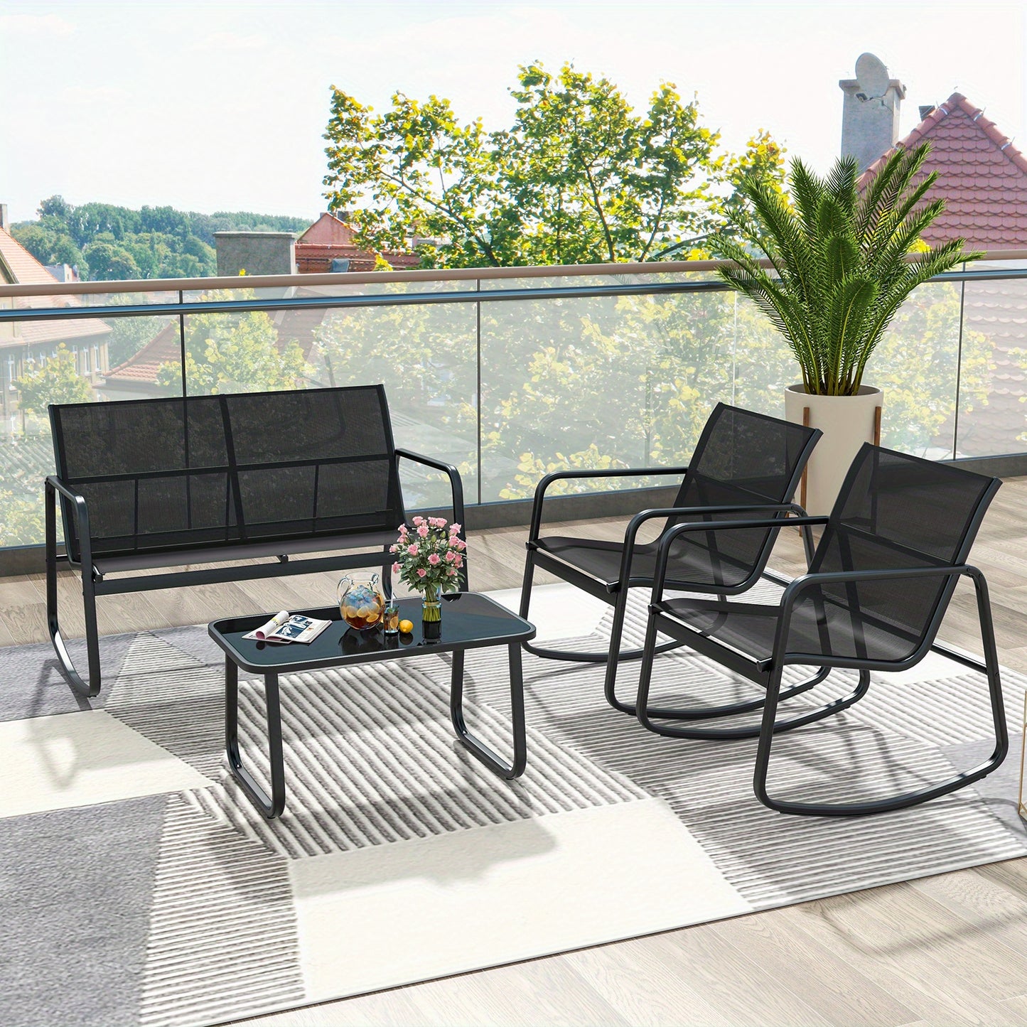 Tuinset – Tuinmeubelen – Zitgroep – Loungeset – Bistroset – Met Metalen Frame – Temperglas Tafelblad – 4 Persoons – Schommelstoelen
