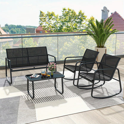 Tuinset – Tuinmeubelen – Zitgroep – Loungeset – Bistroset – Met Metalen Frame – Temperglas Tafelblad – 4 Persoons – Schommelstoelen