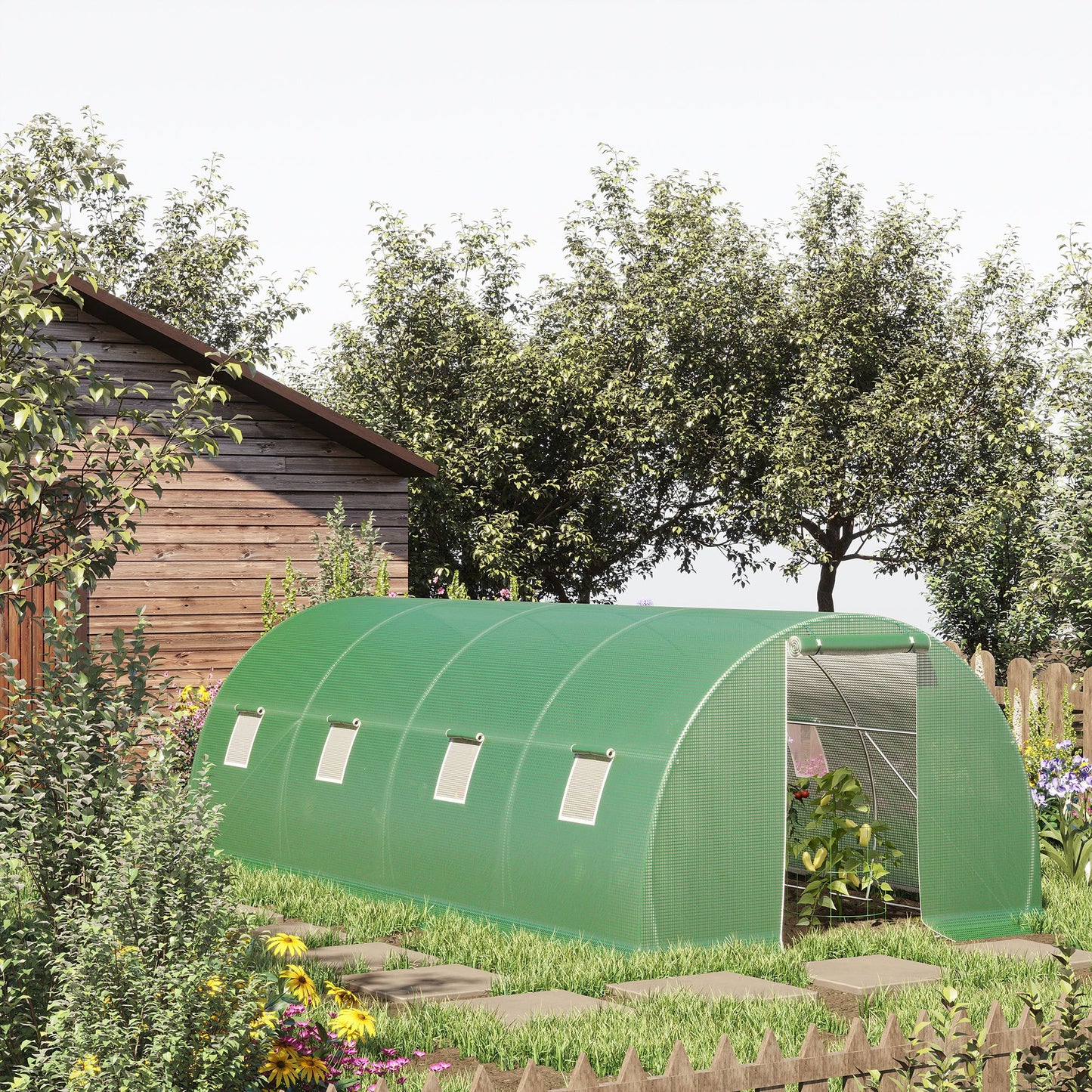 Tuinkas Tunnel – Kweekkas – Broeikas – Plantentunnel – Serre – 18 m² Grootte – Gegalvaniseerd Stalen Frame – Hoogwaardig PE Zeil – 8 Ramen – Ritsdeur Oprolbaar – Groen