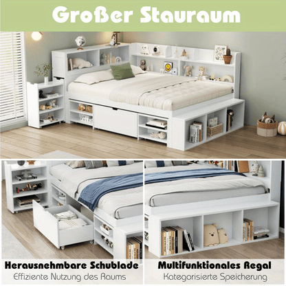 Bedbank – Slaapbank – Logeerbed – Eenpersoonsbed – Multifunctioneel – Ruime Opbergladen – Boekenplank – Lattenbodem – 140x200 cm – Wit