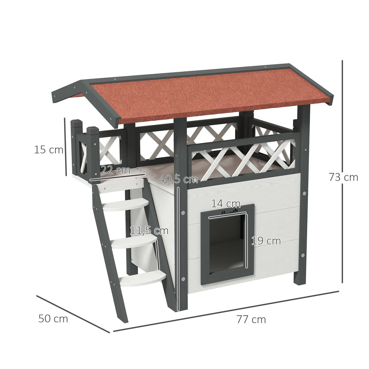 Huisdier Lodge – Kattenhuis – Hondenhok – Dierenverblijf – Villa – Witte Houten Buitenhuis – Met Terras En Trap – Afmeting 77x50x73 cm