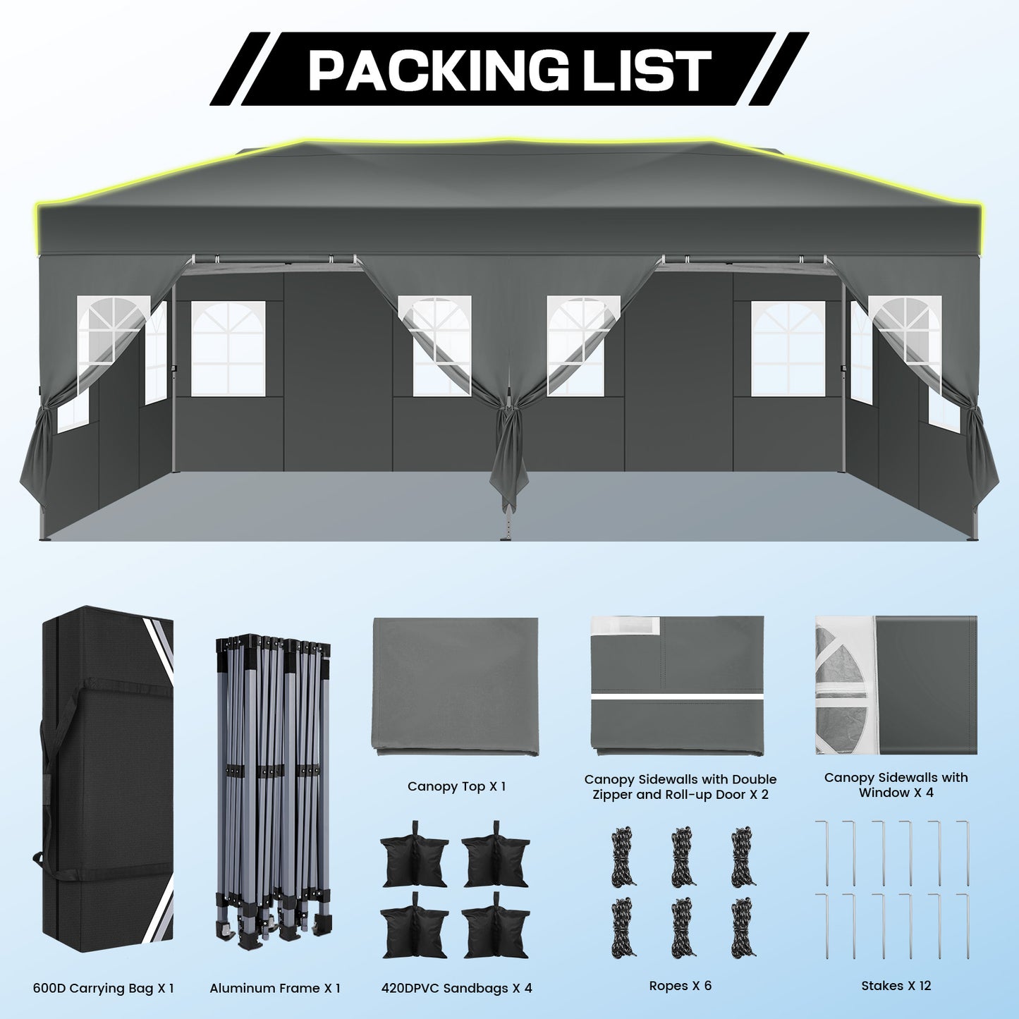 Pop-up Tent – Partytent – Tuinkamer – Vouwtent – Zonnescherm – Grijs – 3x6m Met 6 Afneembare Zijwanden – 3 Hoogtes Verstelbaar