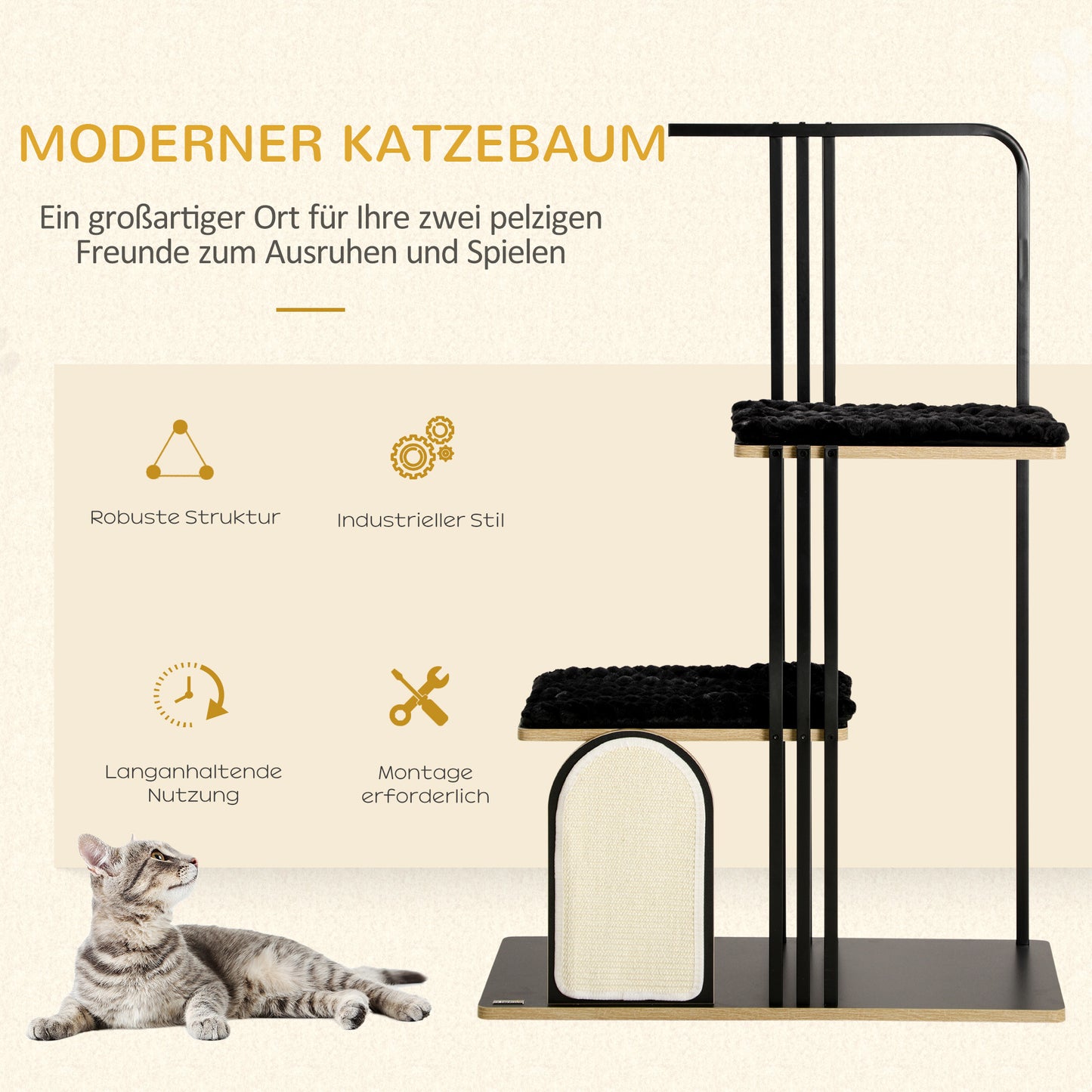 Krabpaal – Krabmeubel – Krabton – Kattenmeubel – Krabpaal Industrieel – Stalen Frame – 2 Platforms Met Wasbare Kussens – Natuurlijke Sisal Krabwand – Zwart – 85x48x128 cm