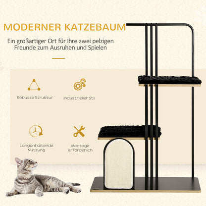 Krabpaal – Krabmeubel – Krabton – Kattenmeubel – Krabpaal Industrieel – Stalen Frame – 2 Platforms Met Wasbare Kussens – Natuurlijke Sisal Krabwand – Zwart – 85x48x128 cm