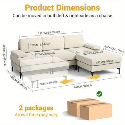 3-zits L-vormige hoekbank – hoekbank – slaapbank – zitbank – loungesofa – Beige – Verstelbaar Met Opberghocker – Hardhouten Frame Met Makkelijk Schoon Te Maken Stof