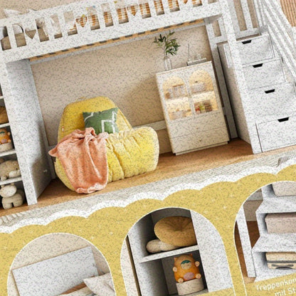 Hoogslaper – Stapelbed – Halfhoogslaper – Bedbank – Platformbed – Met Opbergladder en Inklapbare Kast – Veiligheidshekjes Hartvormig – Modern Wit Design