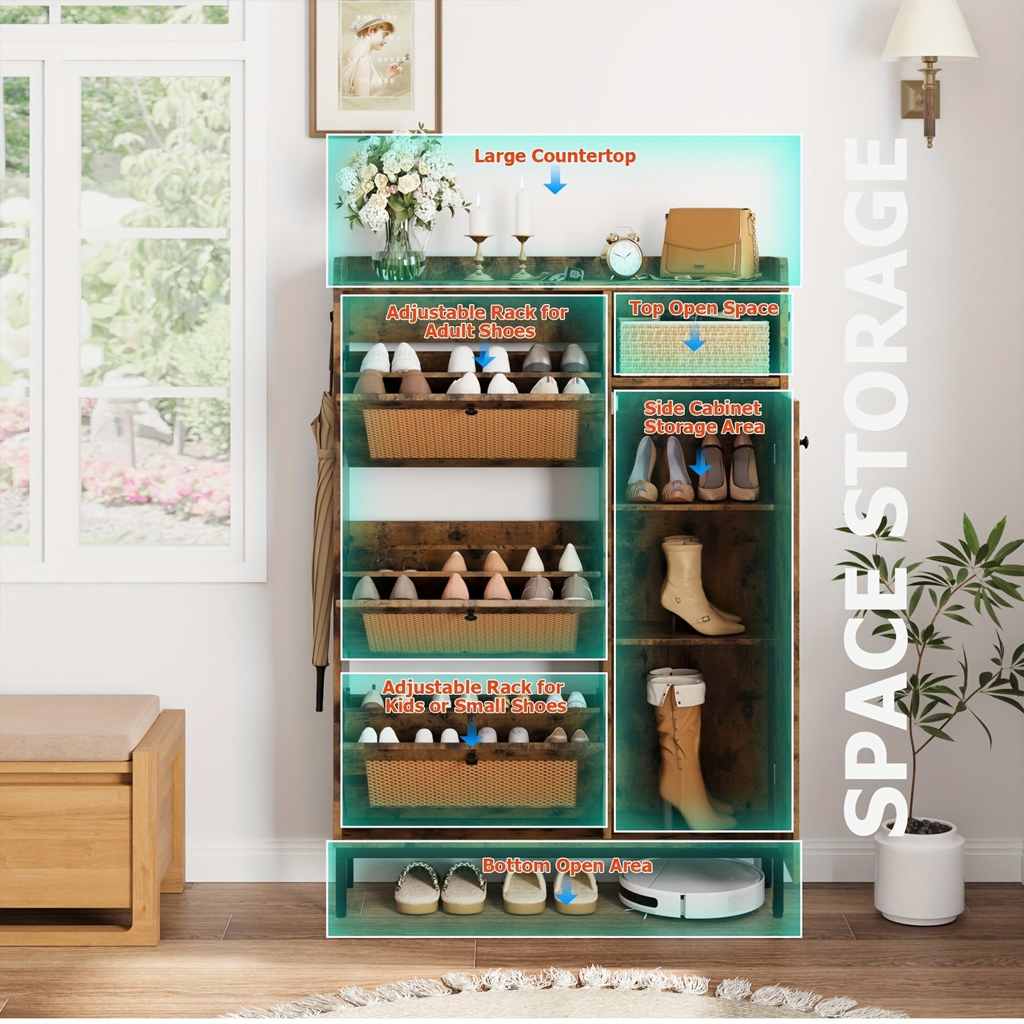 Schoenenkast – Schoenenrek – Schoenenopberger – Schoenmeubel – Schoenenkast Vrijstaand – 3 Kantelvakken – Geen Montage – Stevig Houten Frame