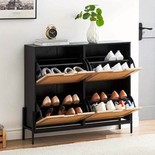 Schoenenkast – Schoenenrek – Schoenenopberger – Schoenenbank – Halmeubel – Vrijstaand – Natuurlijk Rotan – Metalen Frame – 4 Klapdeuren – Verstelbare Planken – Compact – Vintage Design