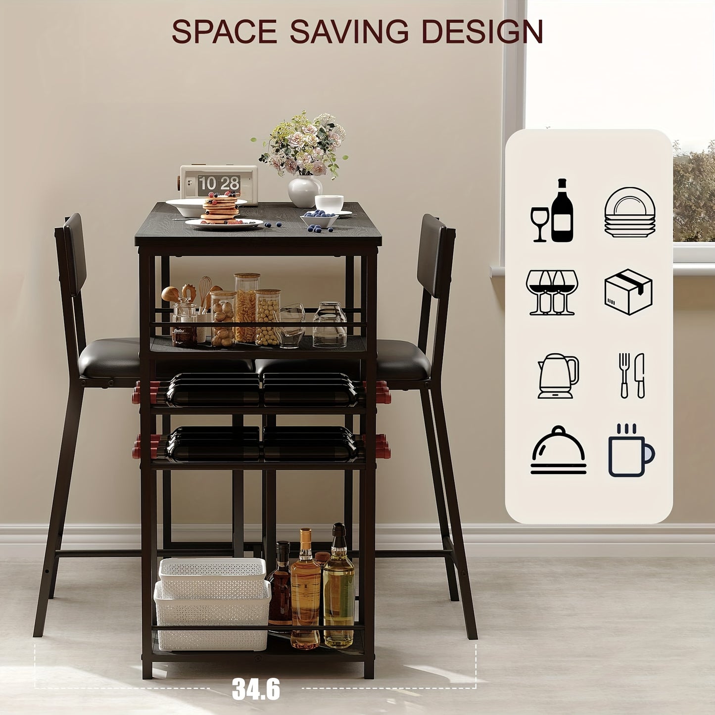 Compact Dining Table Set with 2 Upholstered Chairs - Space-Saving Kitchen Table and Chairs, Sturdy Metal Frame, for Small Apartments, Home, Cafe - Modern Minimalist Dining Room Furniture in Matte Black Finish, Dining Table wi