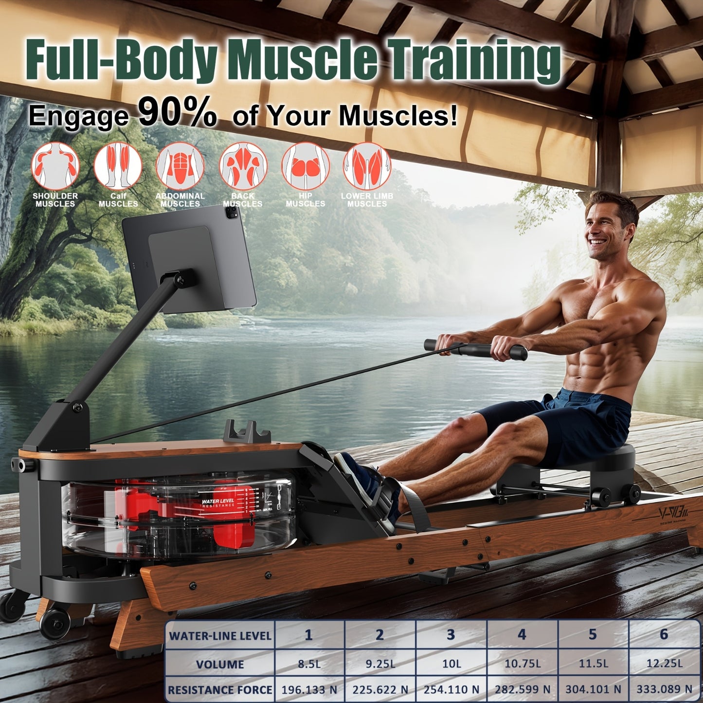 Water Rowing Machine Made Of Wood Foldable Rowing Machine With Wireless Monitor & Tablet Holder, Comfortable Seat, Load Capacity Up To 180 Kg, Without Battery