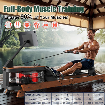 Water Rowing Machine Made Of Wood Foldable Rowing Machine With Wireless Monitor & Tablet Holder, Comfortable Seat, Load Capacity Up To 180 Kg, Without Battery