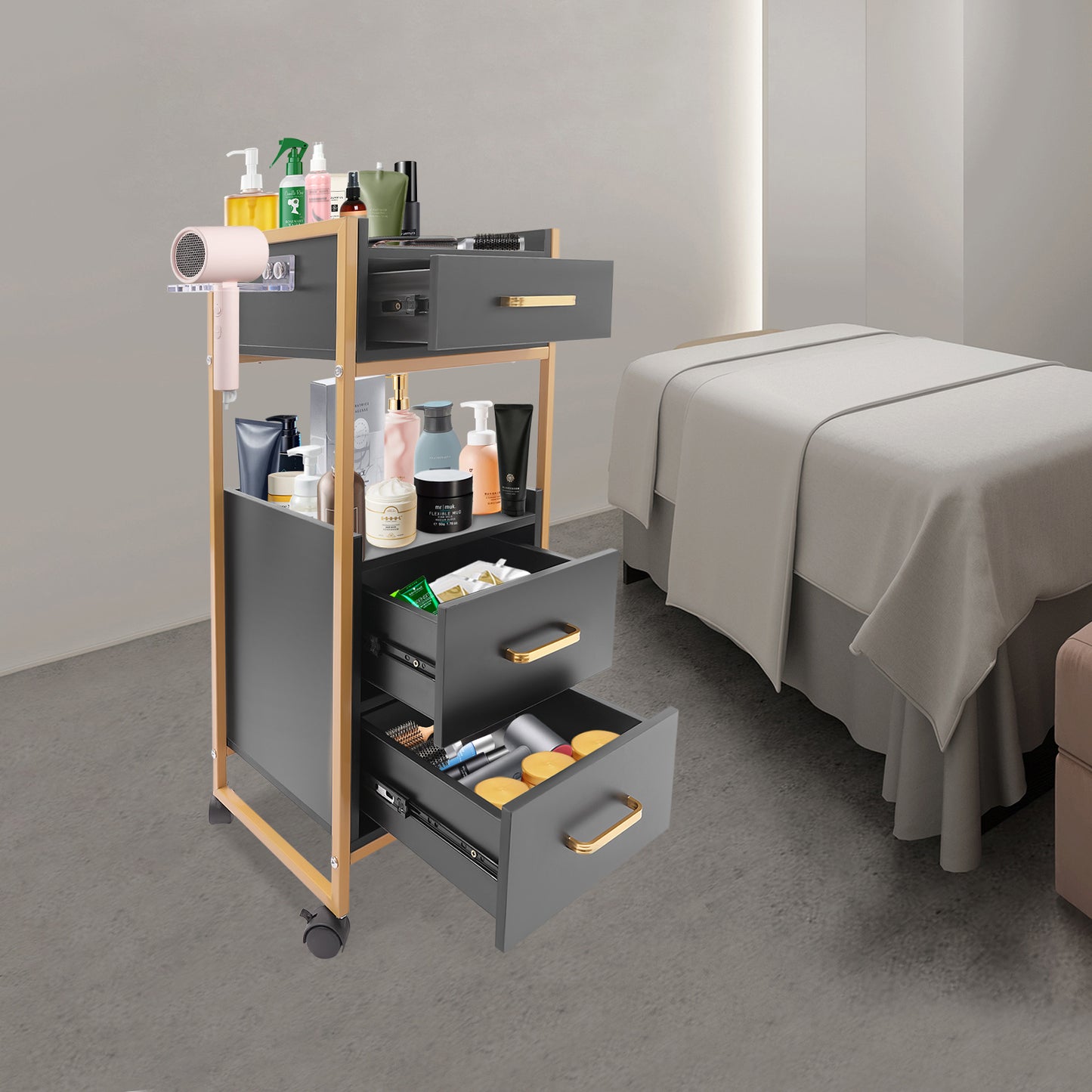Kapperswagen – Kappers Trolley – Werkwagen – Salonwagen – Opbergtrolley – Roestvrij Metalen Frame – 3 Lades & 2 Open Schappen