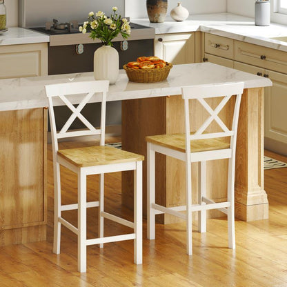 Barstoel – Barkruk – Barstoel Kruk – Barkrukken Set – Barstoel Met Rugleuning – Ergonomisch Crossback Ontwerp – Massief Rubberhout Wit/Naturel