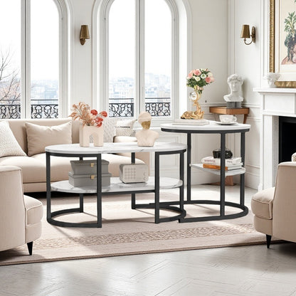 Salontafel Set – Woonkamertafel – Koffietafel – Bijzettafel – Opbergbank – Ronde en Ovale Tafels – Houten Blad met Metaal Frame – Dubbele Opbergruimte