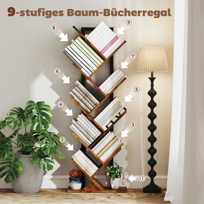 Boekenplank Vloerstaand – Boekrek – Opberger – Boekenhouder – Vakkenkast – Rustiek Bruin – Boomvorm Met 9 Niveaus – Ruimtebesparend Smal Design