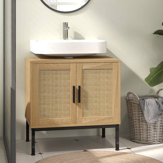 Badkamerkast – Badkamermeubel – Opbergkast – Kolomkast – Wastafelonderkast – Boho Design Met Rattan – U-Vormige Uitsparing – Eikenhoutlook