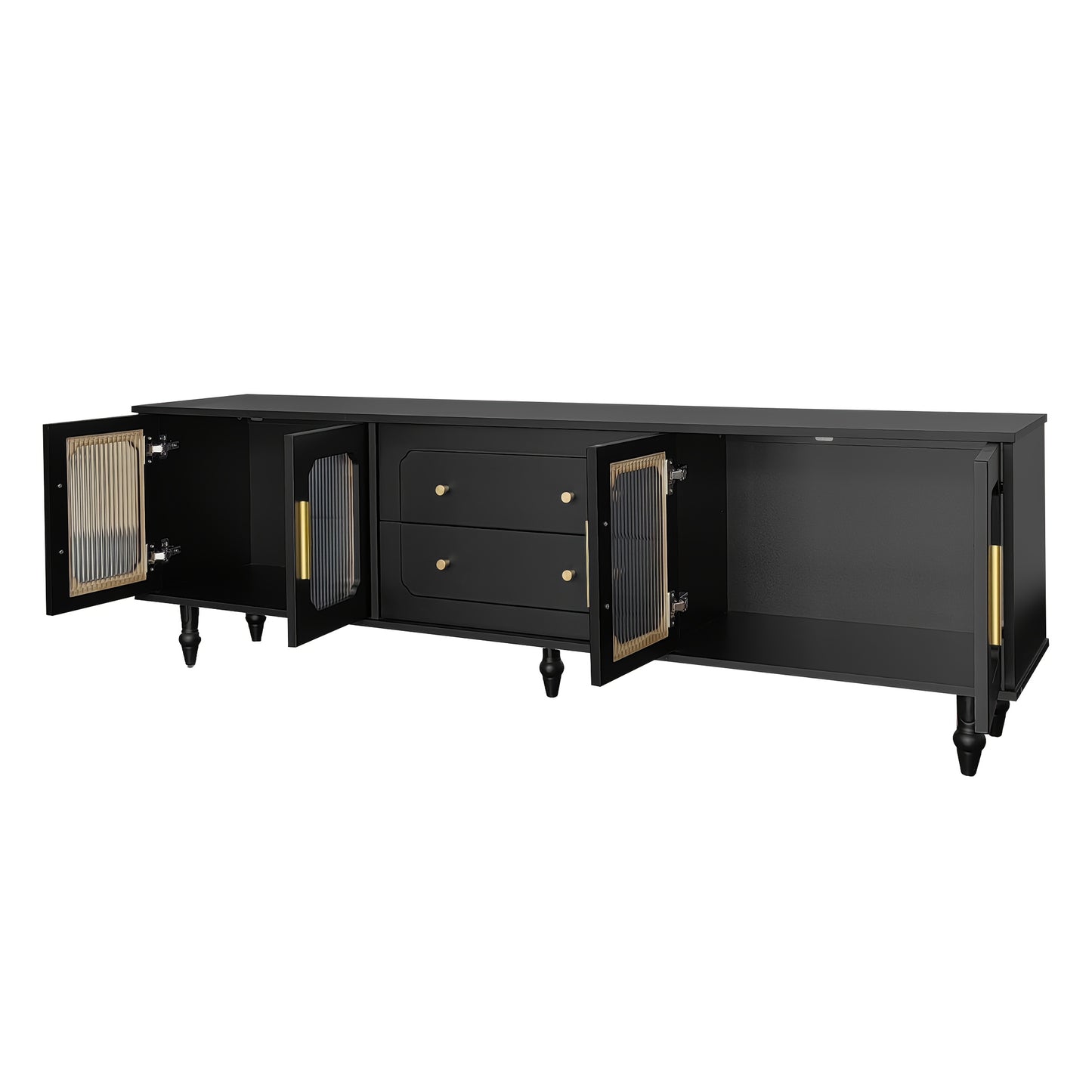 Retro TV Stand with Glass Door Cabinet - Heavy-Duty Metal Construction, Black Entertainment Center with Golden Handles, Living Room Storage Furniture for Media Console or Sideboard - Easy Assembly Required, Tv Console for Liv