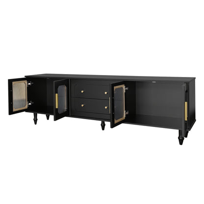 Retro TV Stand with Glass Door Cabinet - Heavy-Duty Metal Construction, Black Entertainment Center with Golden Handles, Living Room Storage Furniture for Media Console or Sideboard - Easy Assembly Required, Tv Console for Liv