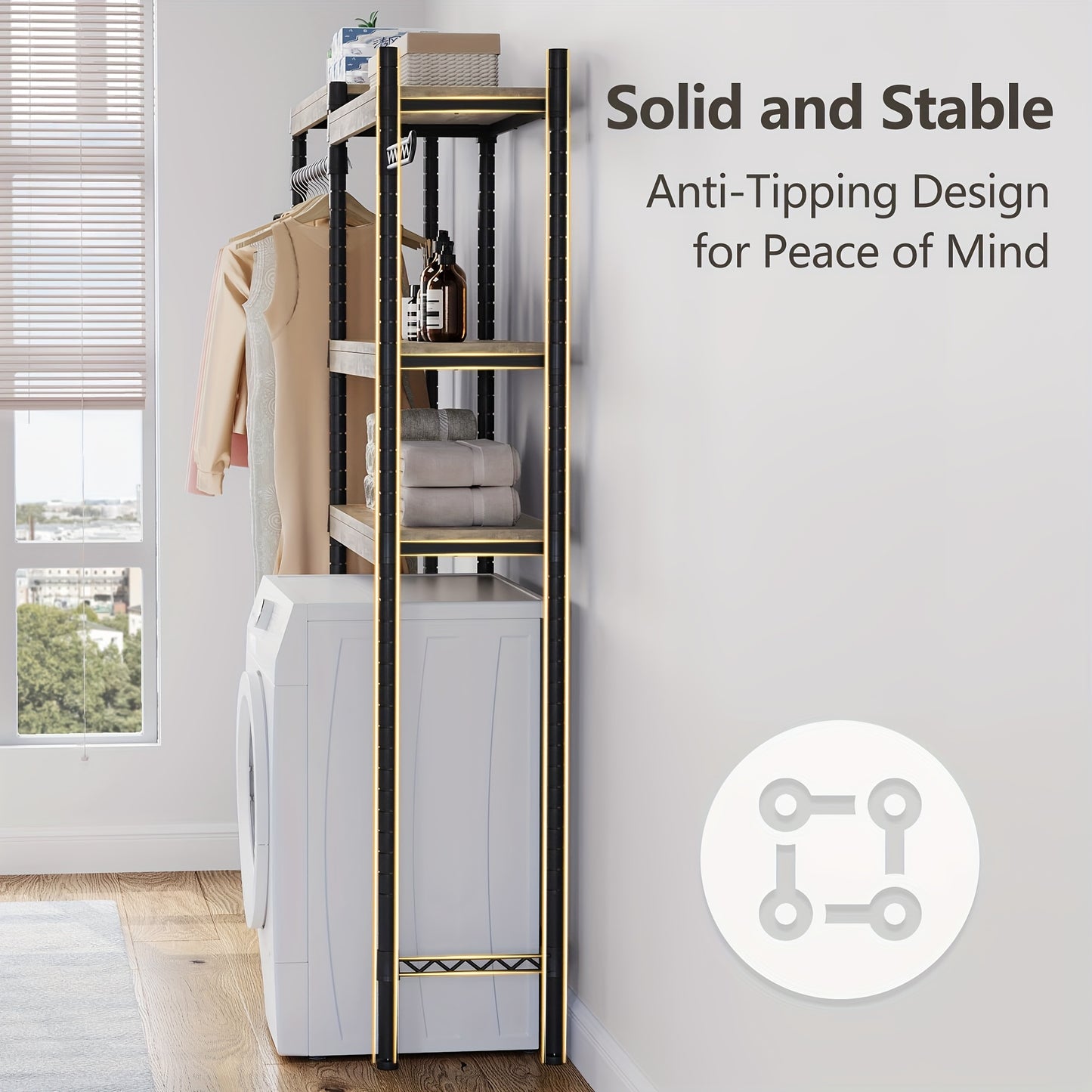 5-Tier Heavy-Duty Over-The-Washer & Dryer Storage Shelf with Drying Racks - Space-Saving Laundry Room Organizer, Freestanding Multi-Shelf Unit with Hanging Rods, Washer/Dryer Compatible Cabinet for Home (Easy Assembly)