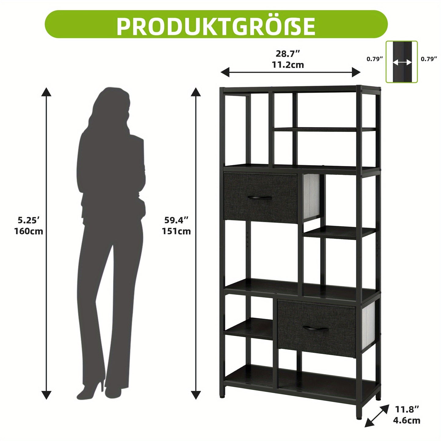7-Laags Boekenkast – Boekenkast Met Lades – Smalle Boekenkast – Opbergkast – Vakkenkast – Industrieel Design – Stalen Frame & Houten Planken – Vrijstaand En Ruimtebesparend