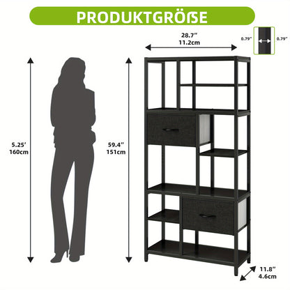 7-Laags Boekenkast – Boekenkast Met Lades – Smalle Boekenkast – Opbergkast – Vakkenkast – Industrieel Design – Stalen Frame & Houten Planken – Vrijstaand En Ruimtebesparend