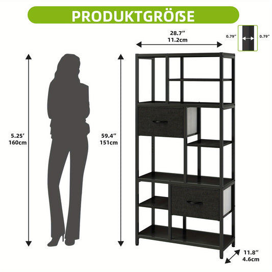 7-Laags Boekenkast – Boekenkast Met Lades – Smalle Boekenkast – Opbergkast – Vakkenkast – Industrieel Design – Stalen Frame & Houten Planken – Vrijstaand En Ruimtebesparend