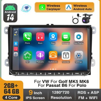 Android 14 Car Stereo – Auto Radio – Multimedia Speler – Navigatiesysteem – Touchscreen Headunit – 9 Inch IPS Scherm – Draadloos CarPlay & Android Auto – Inclusief AHD Achteruitrijcamera en Microfoon