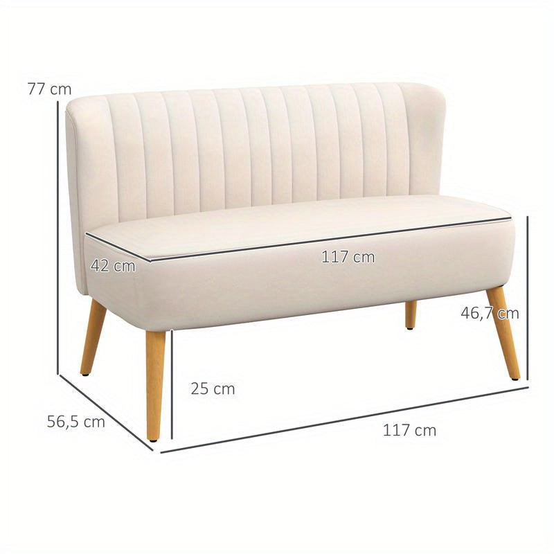 2-Zits Sofa – Tweezitsbank – Compacte Bank – Loveseat – Kleine Bank – Dik Schuimvulling – Stevige Houten Poten – Wit Bruin – 117x56,5x77 cm – Makkelijk Montage
