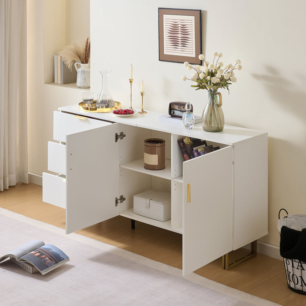 Dressoir – Opbergkast – Ladekast – Buffetkast – Sideboard – Modern Design – MDF Wit – 160 cm – Gouden Handgrepen – Robuuste Stalen Poten