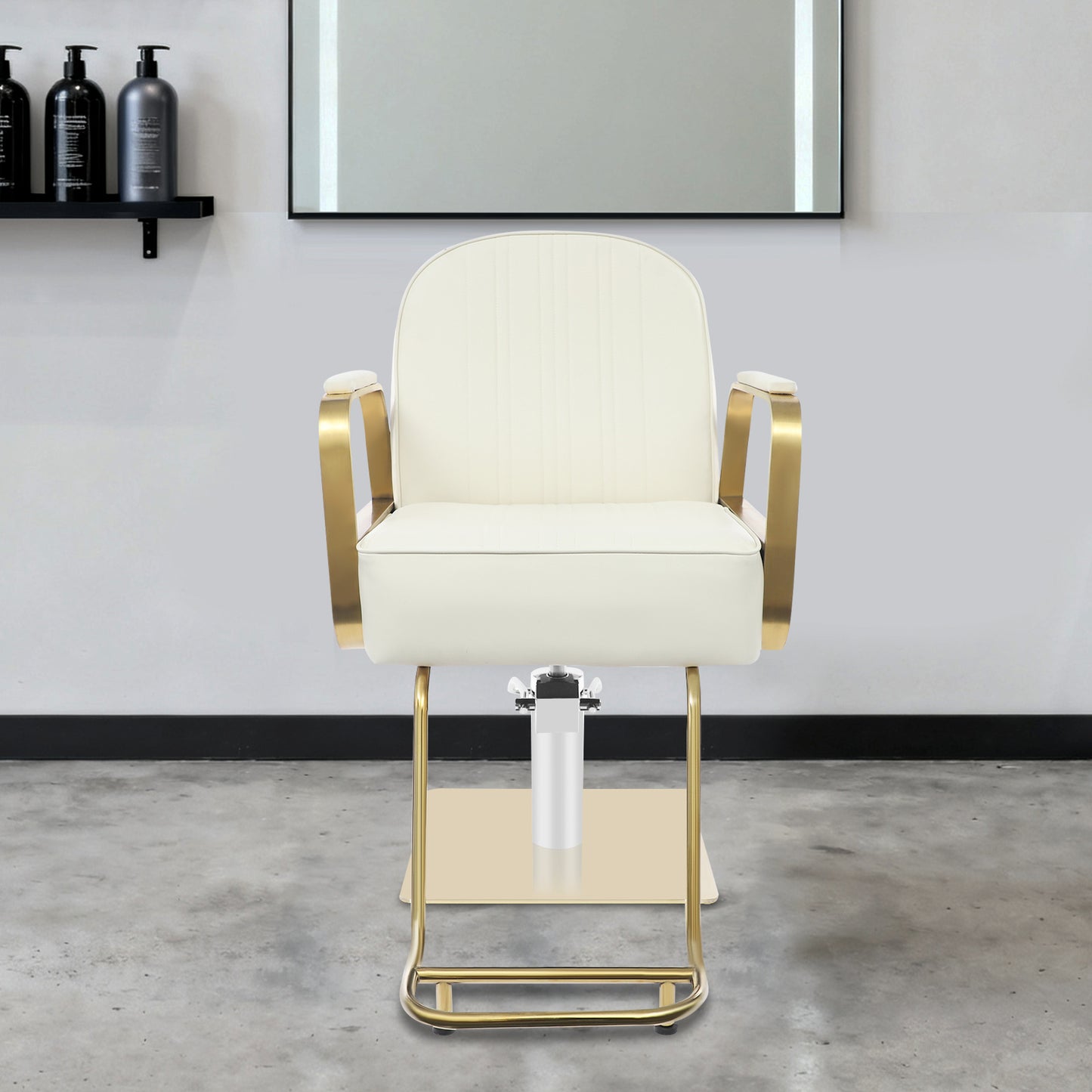 Hair Salon Chair | Height Adjustable, 360° Swivel, Golden Stainless Steel Square Base and Round Tube Footrest - Beige, NaMaSyo Brand