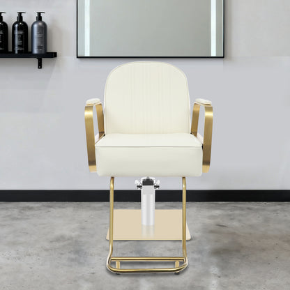 Hair Salon Chair | Height Adjustable, 360° Swivel, Golden Stainless Steel Square Base and Round Tube Footrest - Beige, NaMaSyo Brand