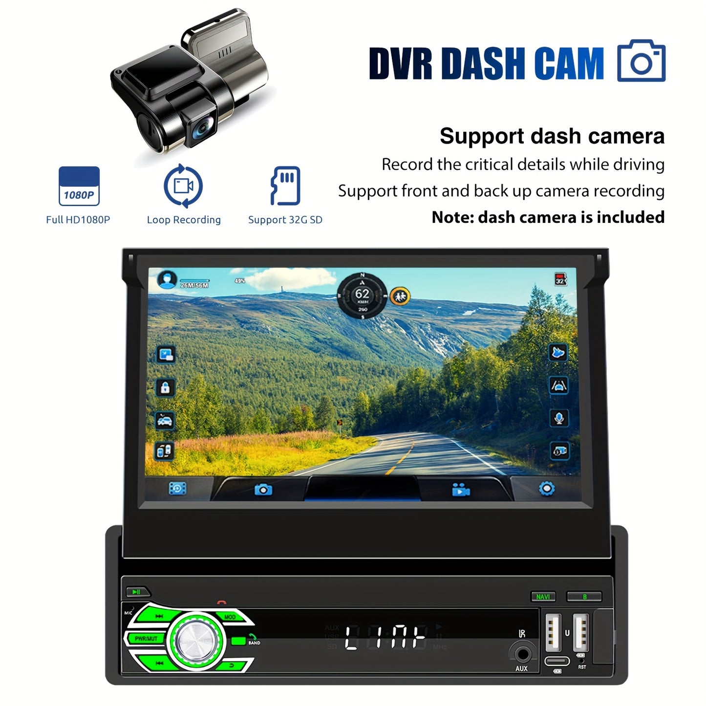 Autoradio – Autoradio met Touchscreen – Auto Multimedia Speler – Auto Stereo Systeem – Android Autoradio – 7 Inch Uitschuifbaar HD Touchscreen – Ingebouwde Dashcam & AHD Achteruitrijcamera