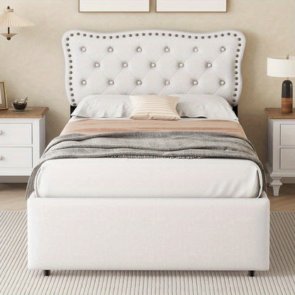 Gepolsterd Bed – Eénpersoonsbed – Slaapbed – Bedframe – Boxspring – Lichtbeige – 90x200 cm – Decoratieve Nagels – Dubbele Lade-opslag