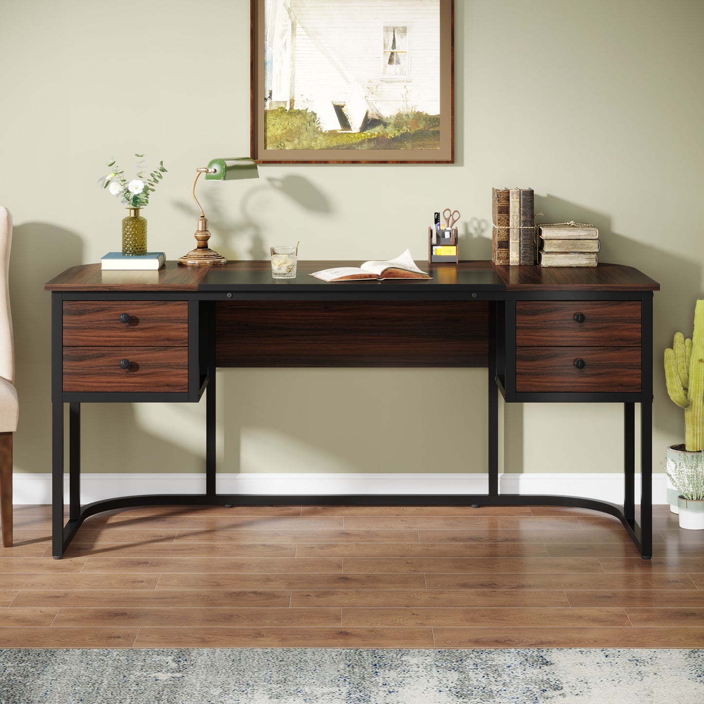 Bureau – Werkplek – Computertafel – Bureautafel – Schrijftafel – Extra Groot – Met 4 Lades – Engineered Houten Tafelblad – Robuuste Metalen Poot – Donker Walnoot