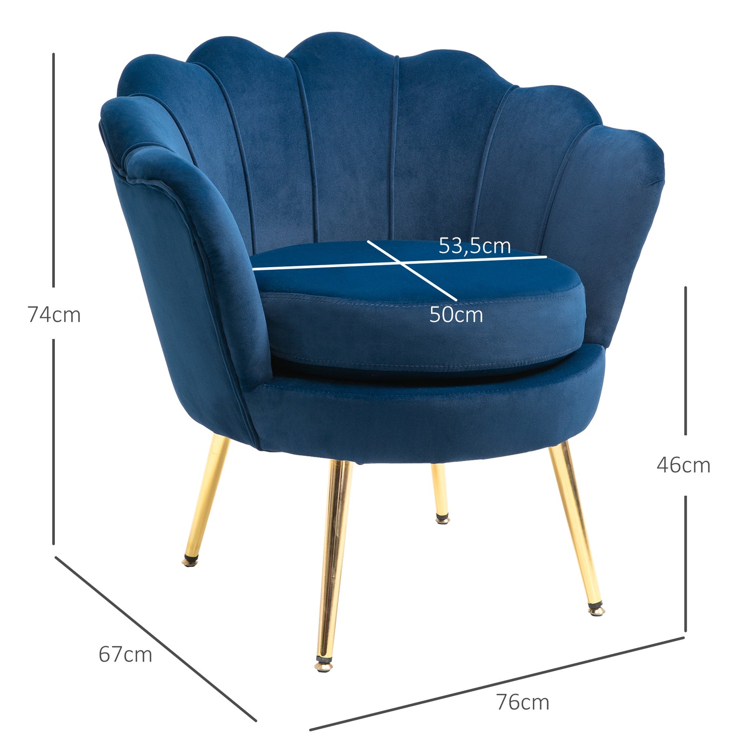 Fauteuil – Armstoel – Lounge Stoel – Relaxfauteuil – Clubstoel – Velvet Bekleding – Gouden Metalen Poten – 76x67x74 cm – Blauw